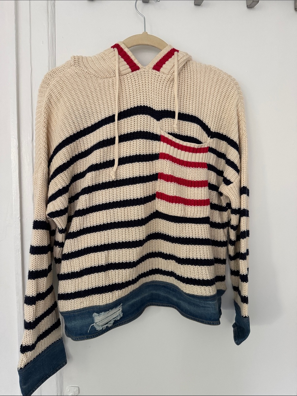 Cream & Navy Striped Knit Sweater Hood